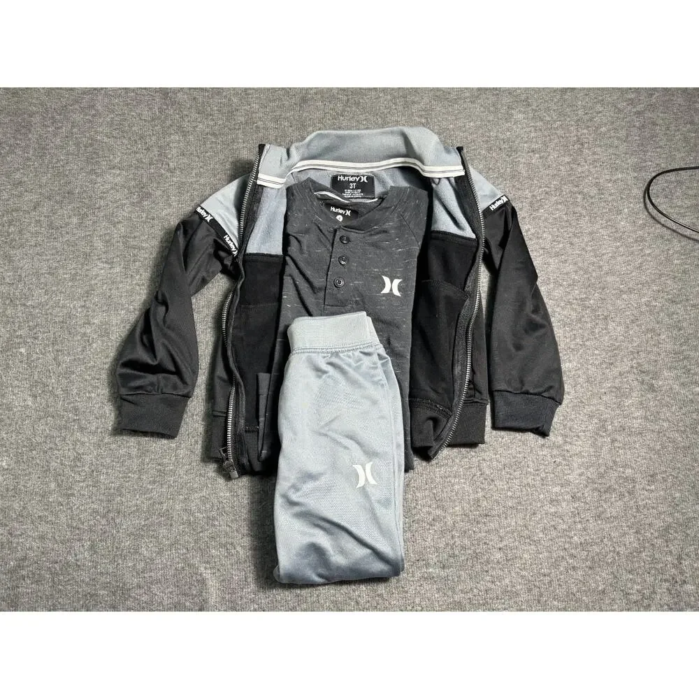 Hurley Gray & Black Colorblock 3-Piece Track Suit Joggers/Jacket/Henley 3T/4T